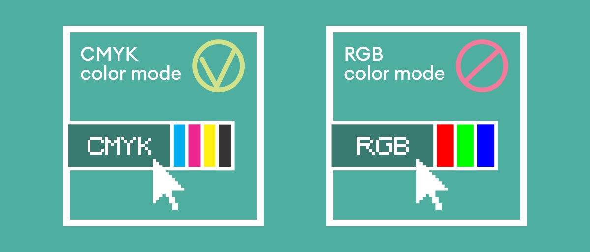 CMYK on painamiseen, RGB on näytöille – väärän tilan käyttö voi johtaa värihäiriöihin painossa.