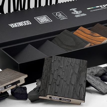 Special insert inside the Yakiwood sample box arranges wood samples diagonally for an aesthetic and easy-to-remove display.