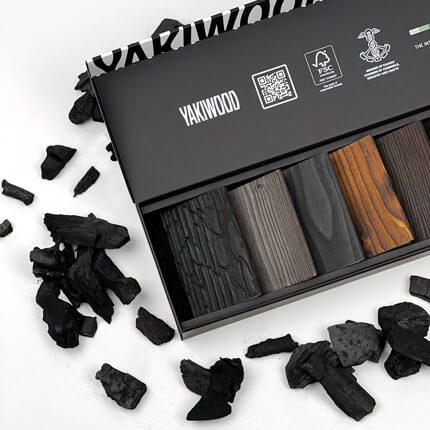 Black Yakiwood sample box with offset printing on the outside, matte laminate for durability, offering high-quality design and protection.
